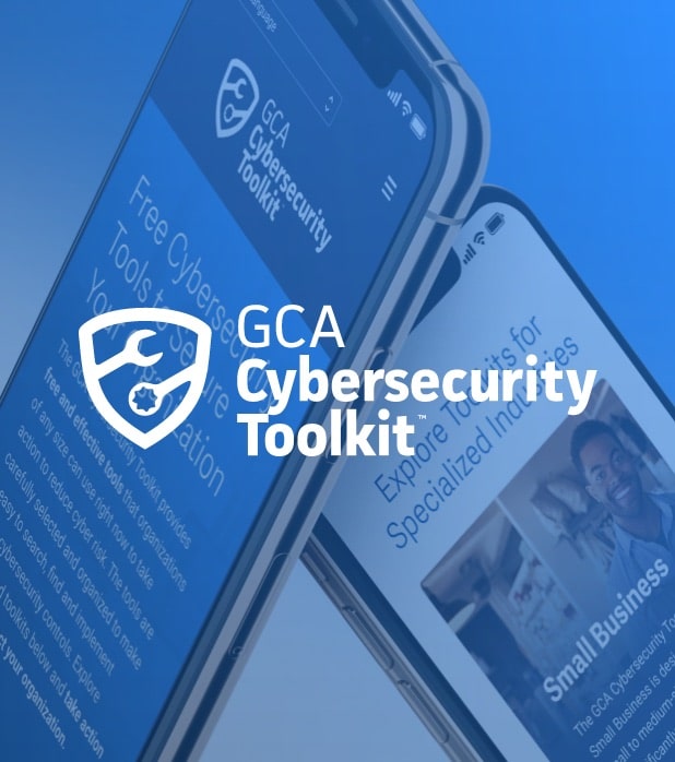 GCA partners with Global Cybersecurity Toolkit phone dashboard with blue overlay